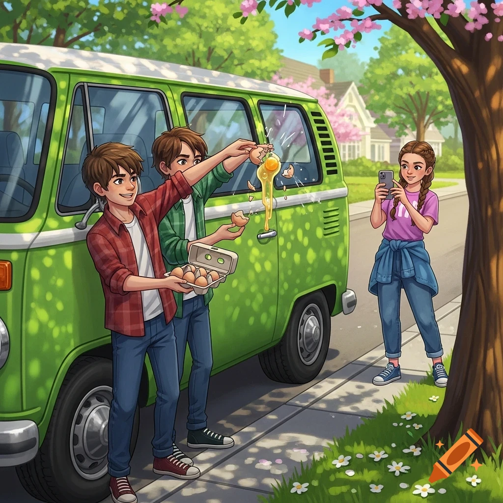Two boys smash eggs on a green van while a girl records them with a phone in a vibrant cartoon illustration.