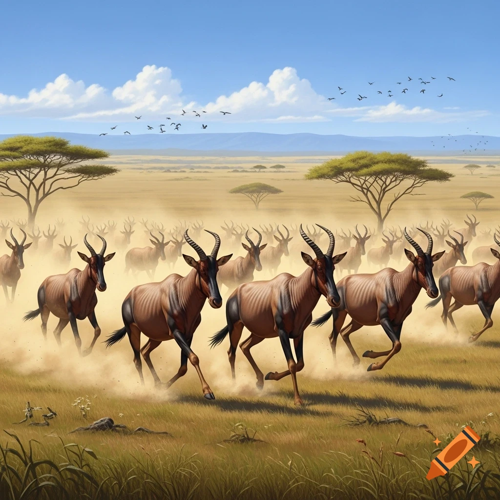 A herd of photorealistic topi antelopes stampeding across a dusty savanna with acacia trees under a blue sky.