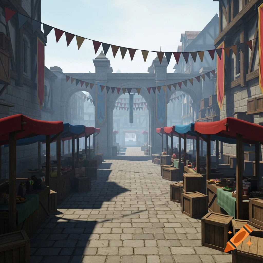 Medieval marketplace plaza with stone arches, banners, and market stalls, rendered in a game art style with atmospheric fog.