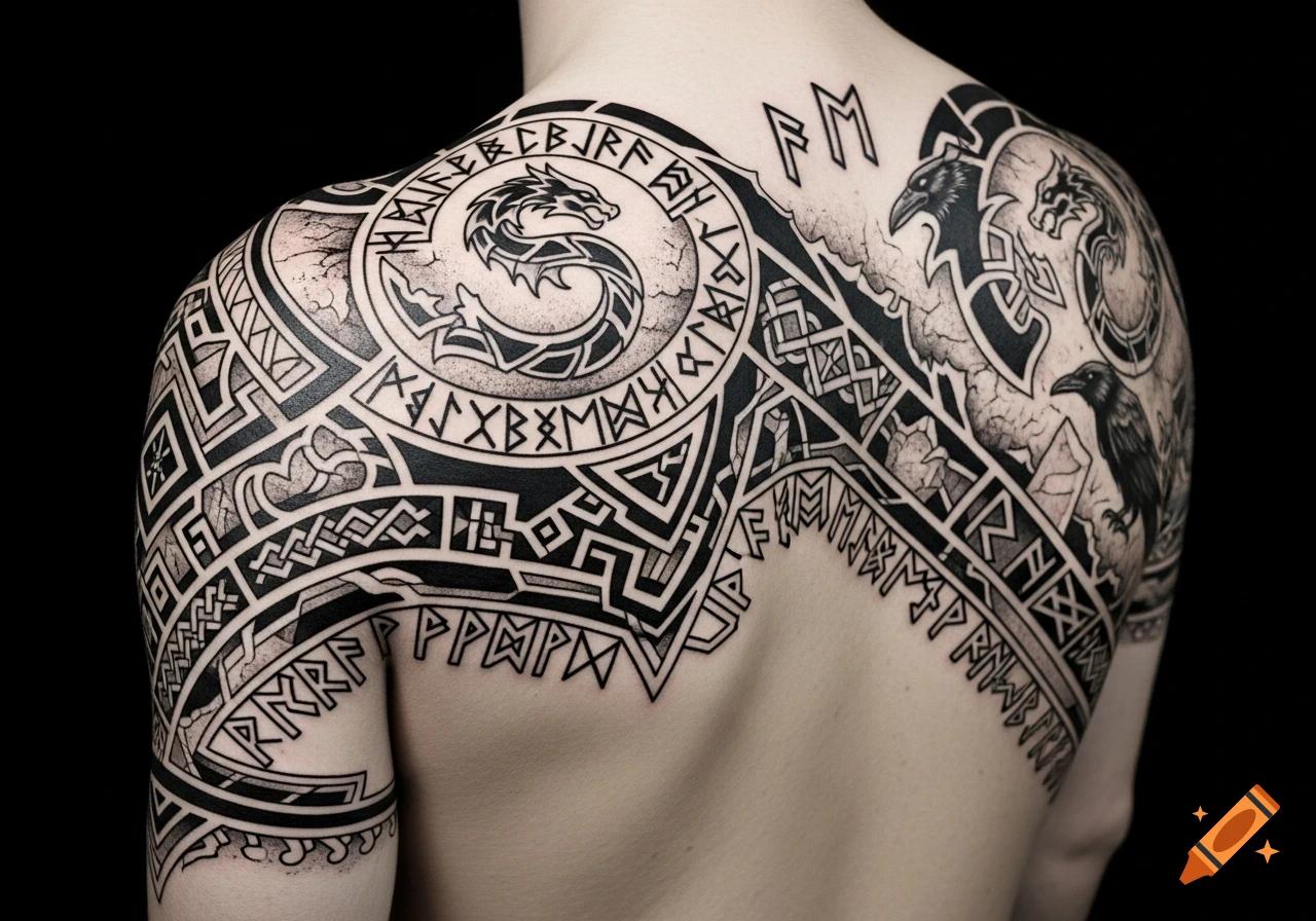 A detailed black and white Viking-style tattoo covers a person's back and shoulder, featuring a dragon, ravens, geometric patterns, and runes.