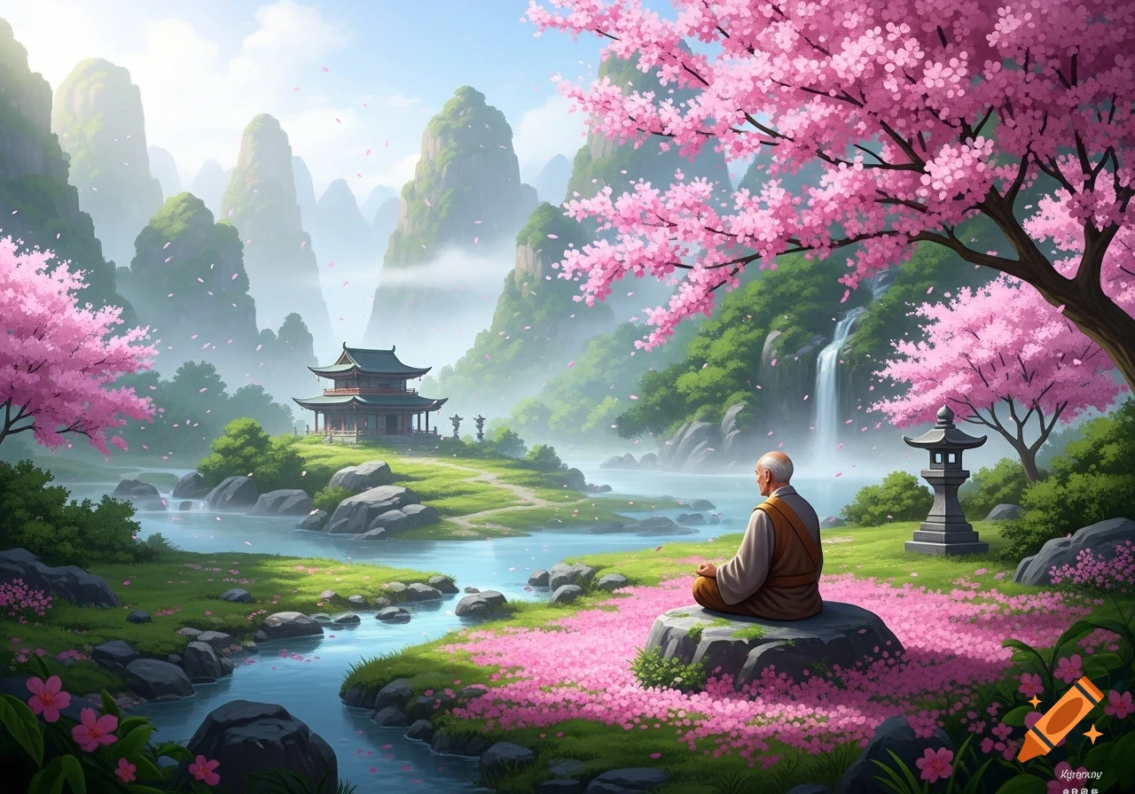 Serene artistic landscape with a monk meditating on a rock, a temple, cherry blossoms, a waterfall, and misty mountains.