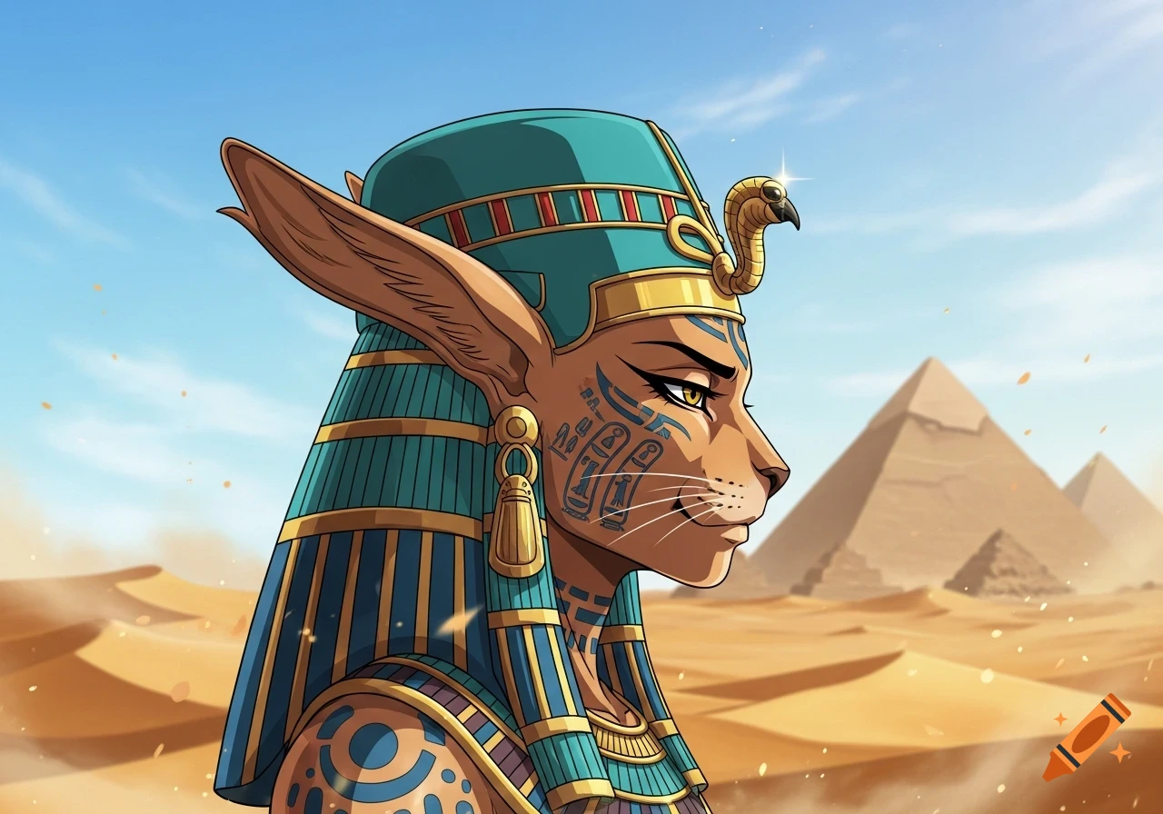 Anime-style anthropomorphic cat character in ancient Egyptian headdress and attire, gazing right in a desert with pyramids.
