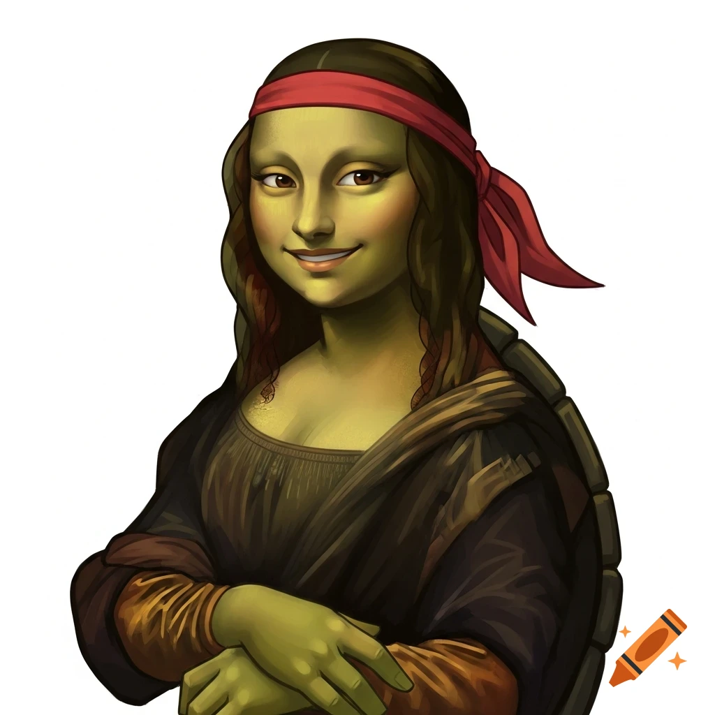 Cartoon illustration of Mona Lisa with green skin, a red bandana, and a turtle shell, smiling against a white background.