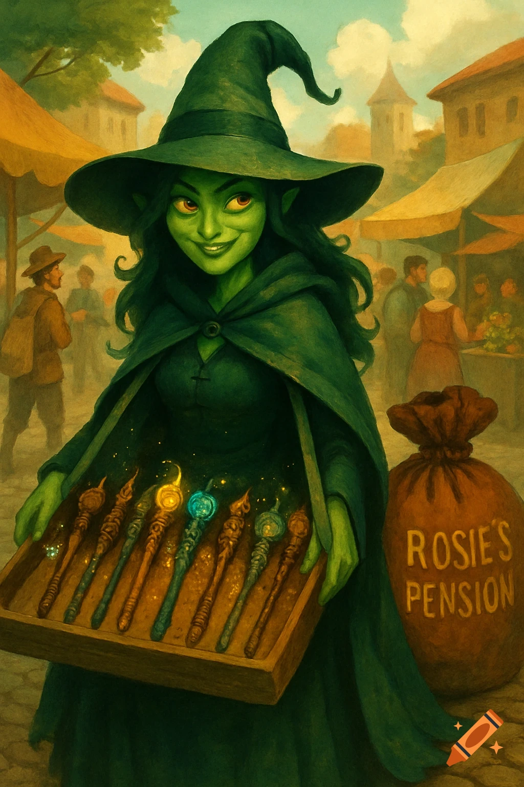 A green-skinned witch in a dark cloak and pointy hat sells glowing wands from a tray at a market. 'ROSIE'S PENSION' bag is nearby.