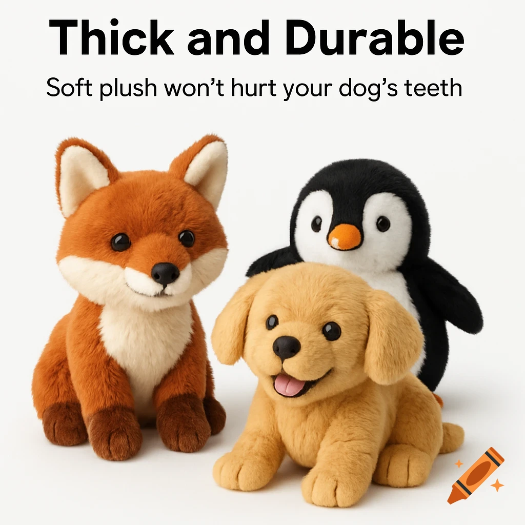 Three soft plush toys: a fox, a golden retriever puppy, and a penguin, on a white background with text 'Thick and Durable Soft plush won't hurt your dog's teeth'.