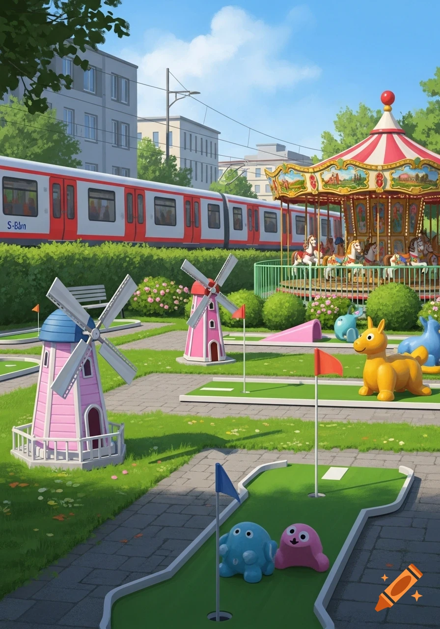 A cartoonish minigolf course with windmills, inflatable animals, a carousel, and an S-Bahn train in a city park.