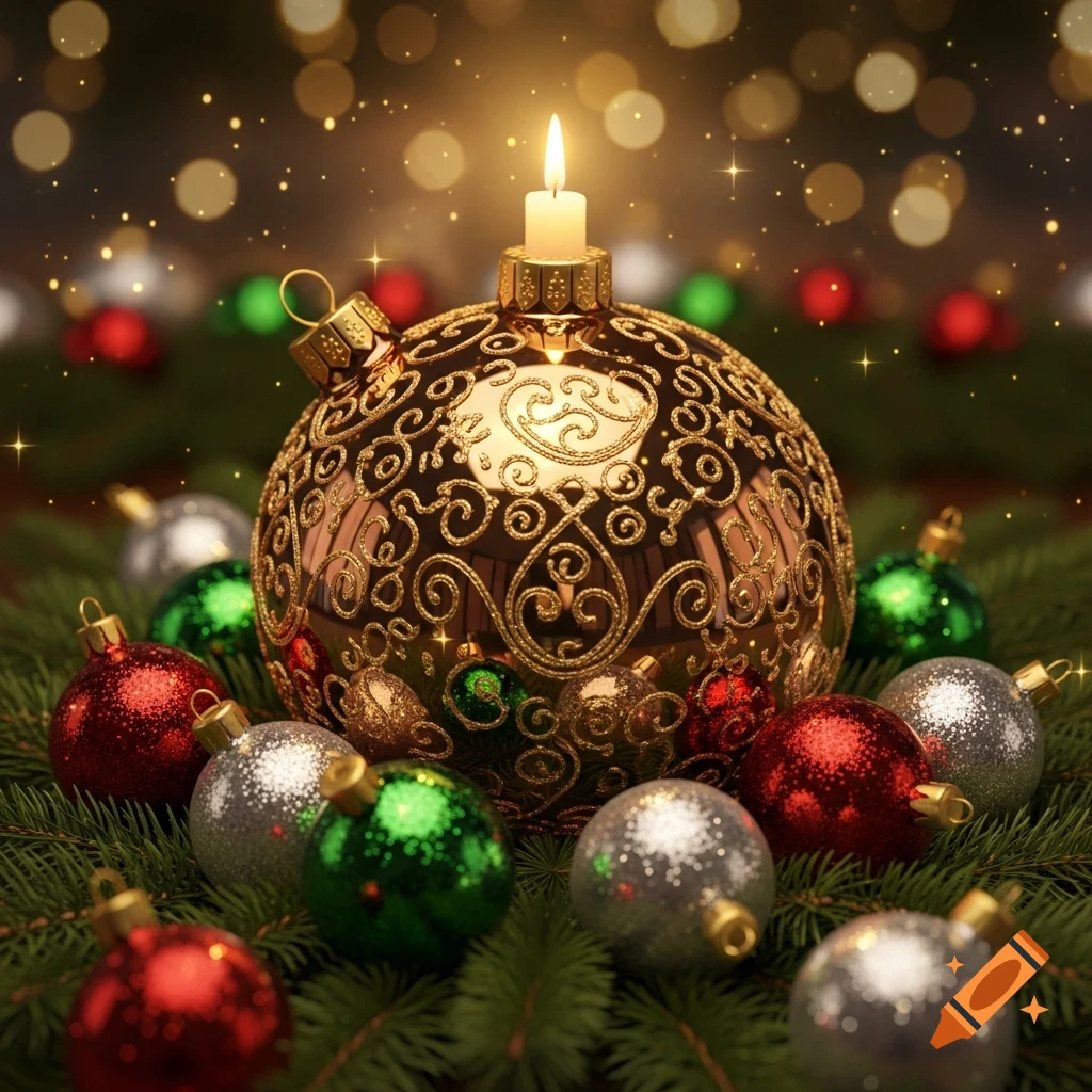 A large golden ornate Christmas bauble with a lit candle on top, surrounded by smaller red, green, and silver glitter baubles on fir branches with bokeh lights.