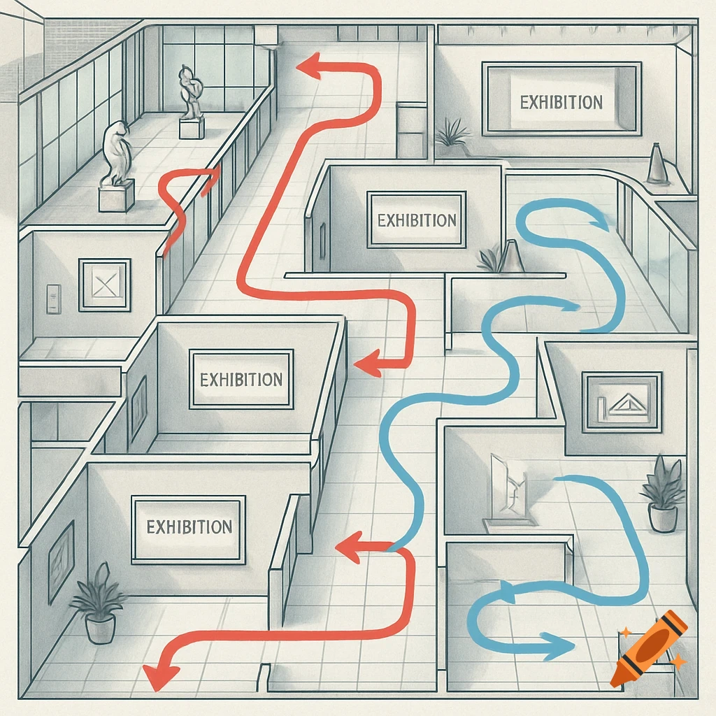 Top-down diagram of a museum exhibition hall with red and blue arrow paths showing different visitor routes.