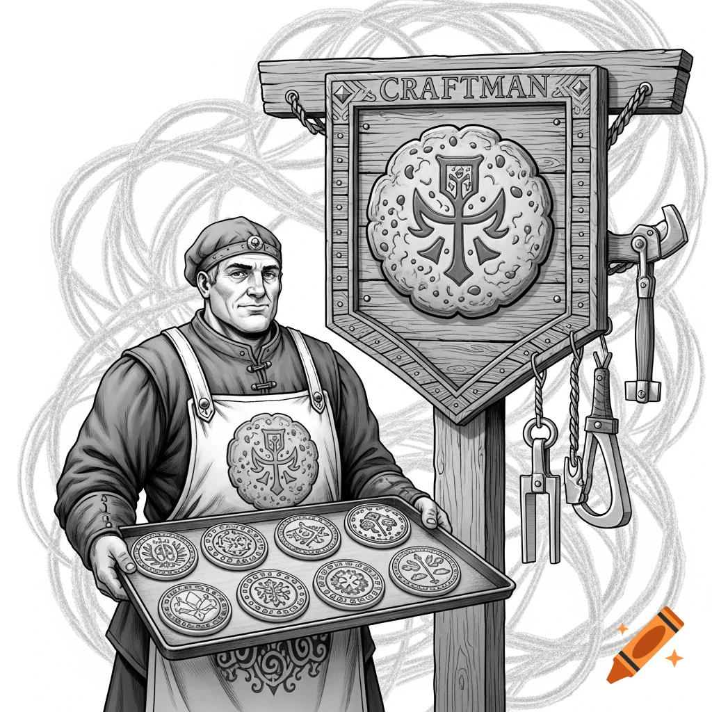 A black and white illustration of a medieval craftsman in an apron, holding a tray of stamped cookies, standing next to a wooden shop sign that reads "CRAFTMAN".