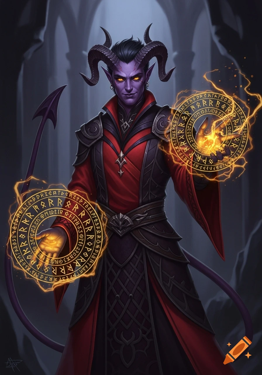 A purple-skinned male tiefling sorcerer in red and black robes, with glowing amber eyes and S-shaped horns. He holds out both hands, summoning swirling golden magic circles with runes, smirking confidently in a dark, vaulted hall.