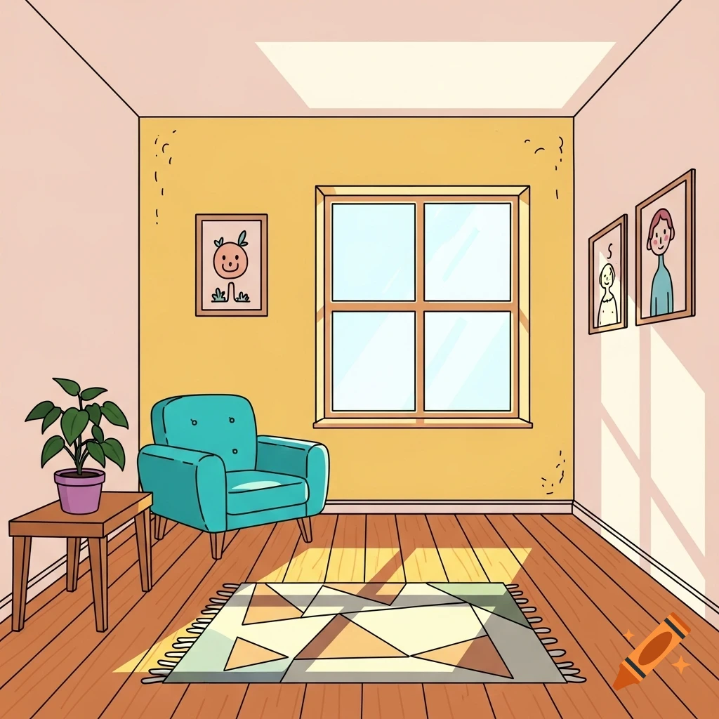 A simple cartoon room with yellow walls, a window, a blue armchair, a plant on a side table, a geometric rug, and framed art. Sunlight streams through the window.