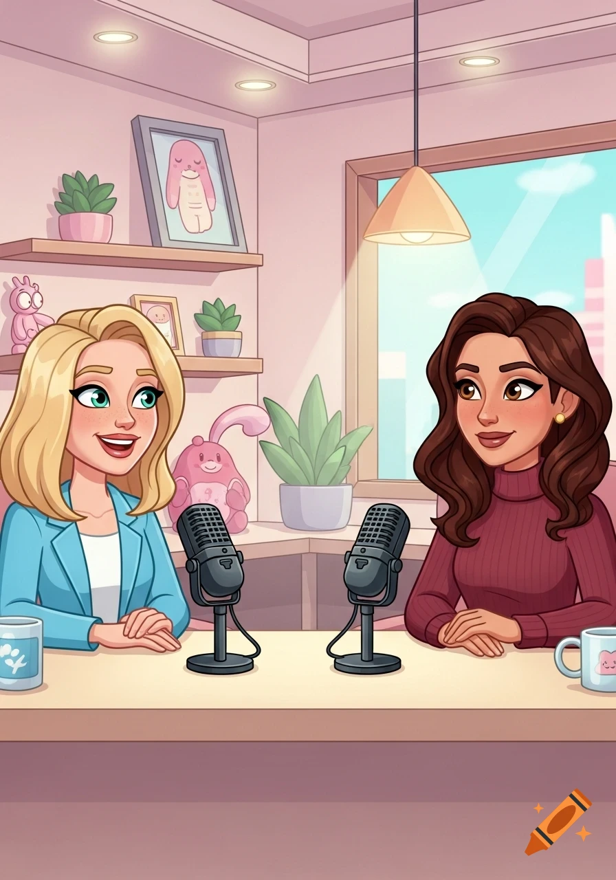 Two smiling cartoon women, one blonde and one brunette, host a podcast with microphones in a colorful room.