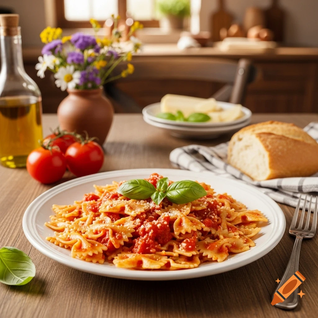 A plate of farfalle pasta with red sauce, grated cheese, and fresh basil sits on a wooden table next to bread and tomatoes. Photorealistic.