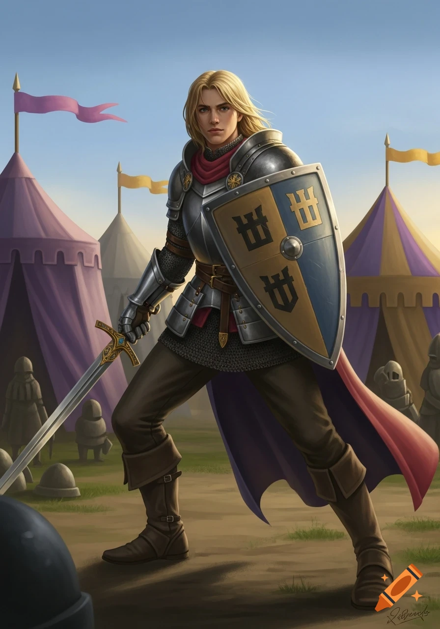 A blonde knight in full plate armor with a red scarf, holding a sword and a blue and gold shield, stands confidently in a medieval encampment with tents and banners under a clear sky. Illustrated in a digital painting style.