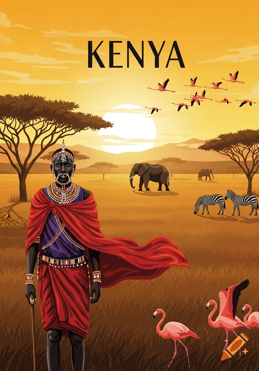 Stylized illustration of a Maasai warrior, savanna animals, and flamingos at sunset, with 'KENYA' text.