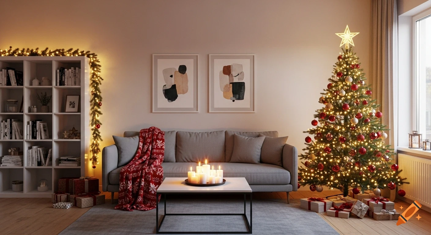 A modern living room decorated for Christmas, with a grey sofa, lit Christmas tree, garlands, gifts, and candles.