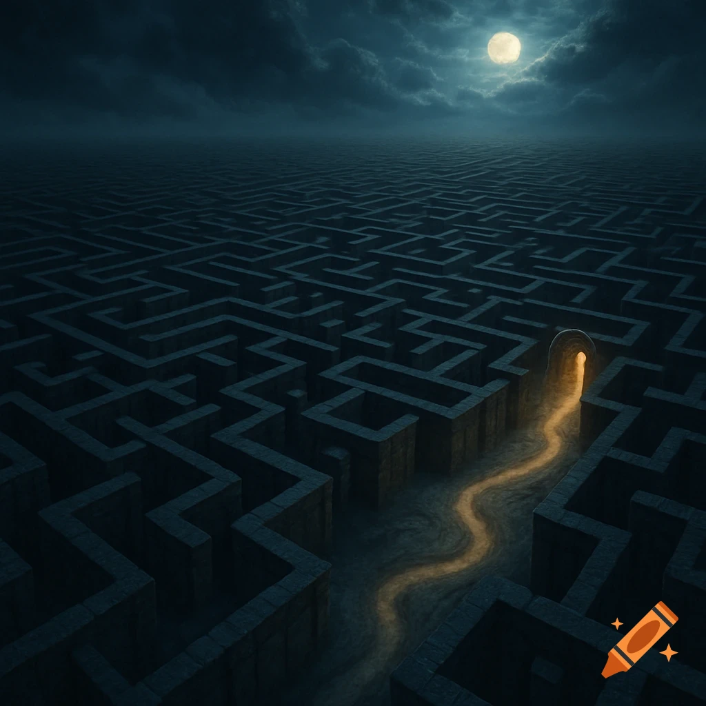 A vast, dark maze under a cloudy, moonlit sky with a glowing golden path leading towards a bright tunnel exit in the distance.