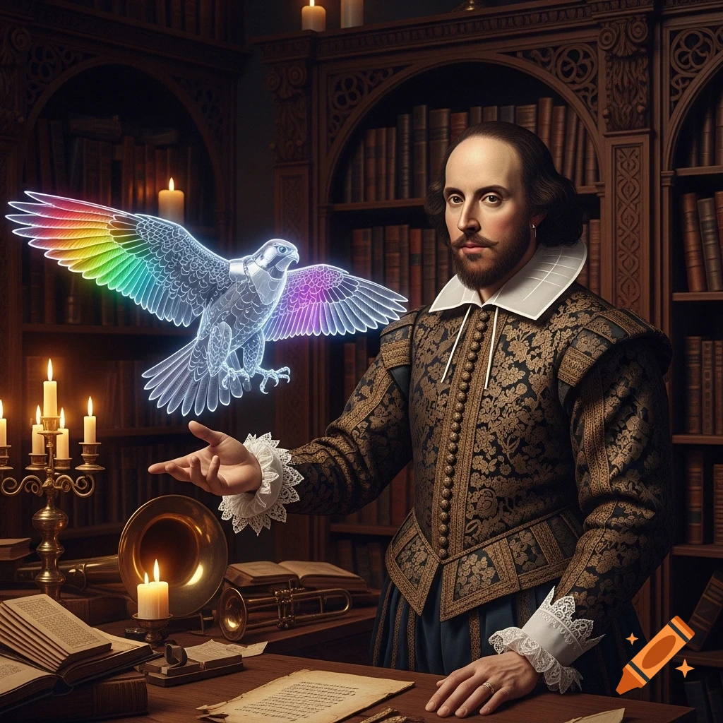 William Shakespeare in a candlelit library, dressed in period clothing, gesturing towards a glowing, rainbow-winged falcon.