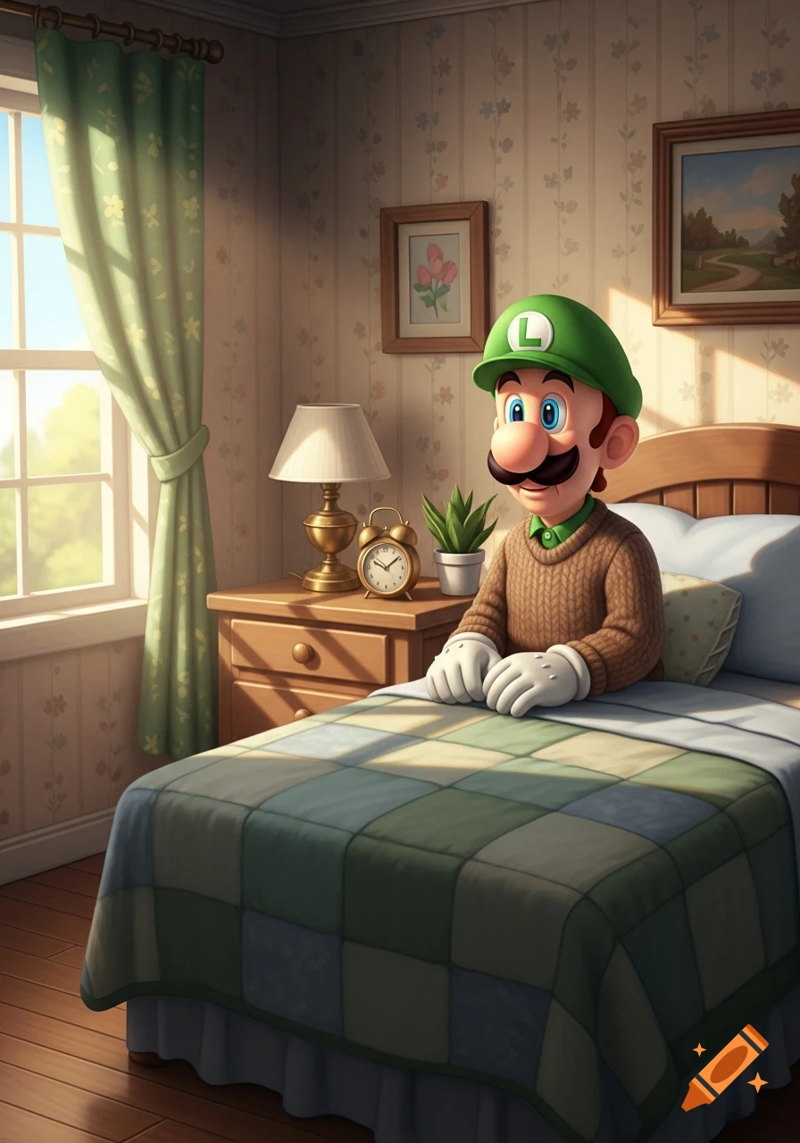 Luigi sits up in a bright, cozy bedroom with a patchwork quilt on the bed and sunlight streaming through the window.