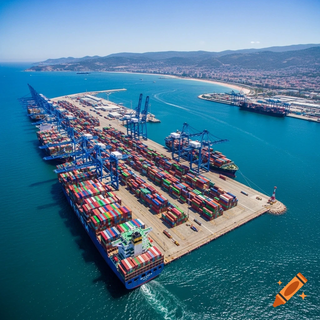 Aerial view of a bustling container port with numerous cargo ships, cranes, and colorful shipping containers, backed by a city and hills.
