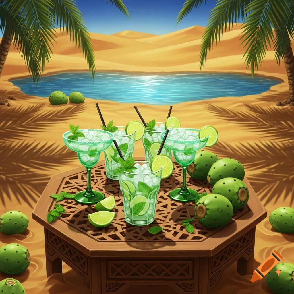 Vibrant illustration of five Mojito cocktails and green fruits on a wooden table in a desert oasis with palm trees.