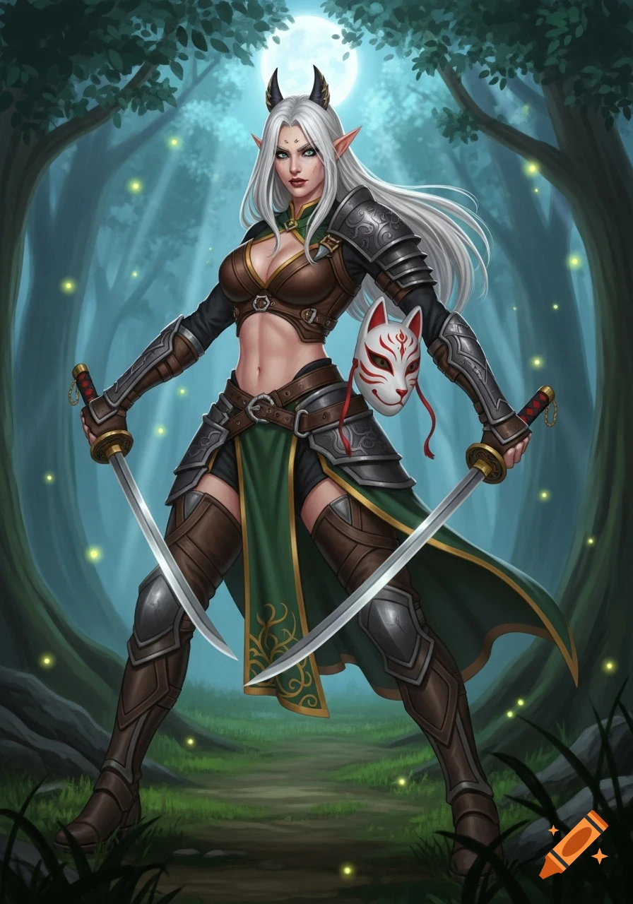 A fantasy elf woman with white hair and horns, in mercenary armor, dual-wielding swords, with a kitsune mask, stands in a moonlit forest.