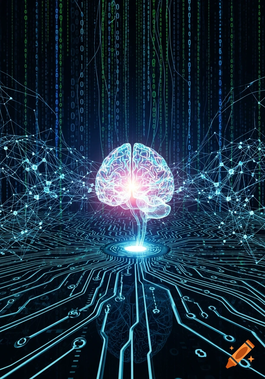 A glowing brain connects to a circuit board and neural networks amid falling data streams in a dark, futuristic digital illustration.