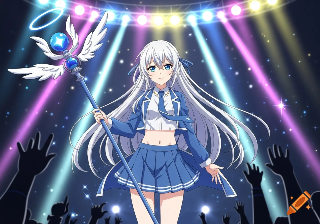 An anime idol girl with long white hair, blue eyes, and a blue-and-white outfit, holding a winged magical staff on a vibrant concert stage.