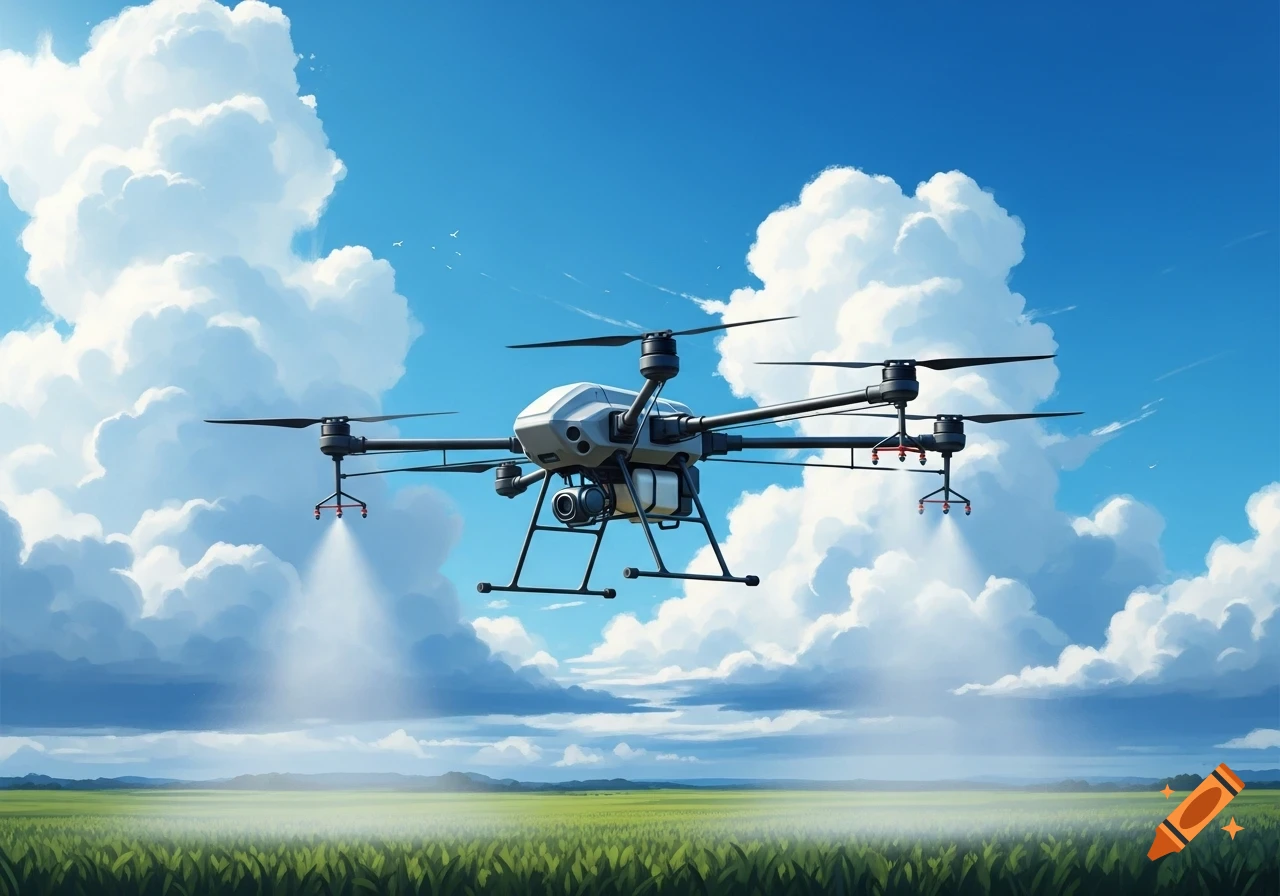 An agricultural spray drone flies over a green field under a bright blue sky with fluffy white clouds.