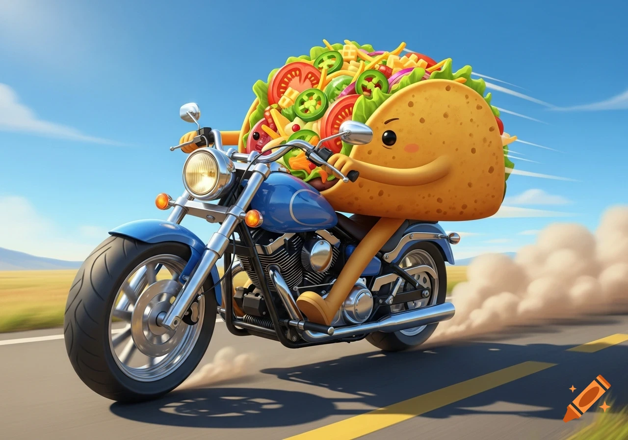 A whimsical cartoon taco with a cheerful face rides a blue motorcycle down a road, leaving a trail of dust.