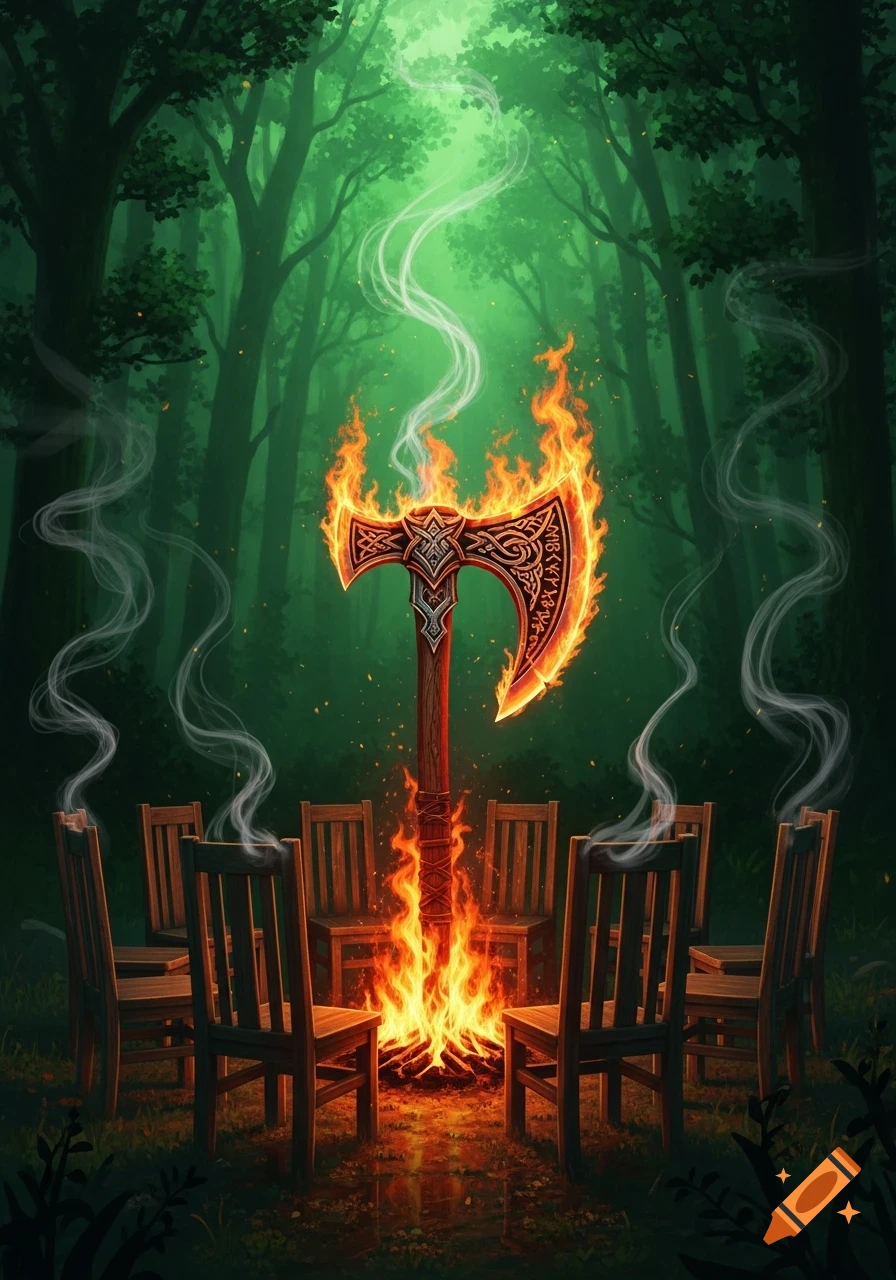 A flaming Viking axe stands upright in a mystical green forest clearing, surrounded by a circle of wooden chairs with wisps of smoke rising from them.