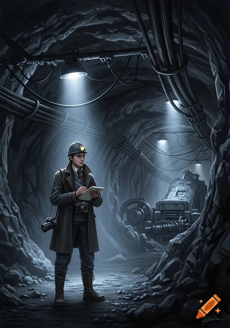 Stylized illustration of a reporter with a camera and notepad in a dimly lit underground mine, looking thoughtful.