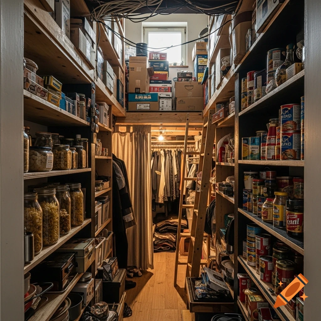 A narrow, very cluttered storage room with wooden shelves packed with jars of food, cans, and boxes. A ladder leans against shelves and clothes hang behind a curtain at the back.
