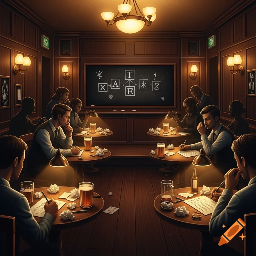 A group of people sit around tables in a dimly lit, wood-paneled room, resembling a pub, each with a drink and crumpled papers. They are looking at a blackboard with a diagram of letters and symbols.