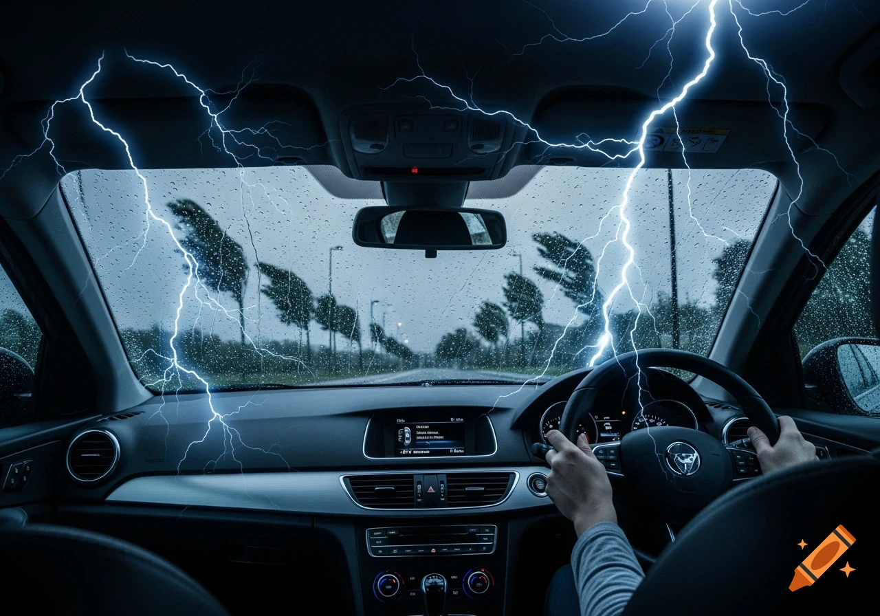 Driver's view from inside a car during a heavy lightning storm and rain, with trees blowing in the wind.