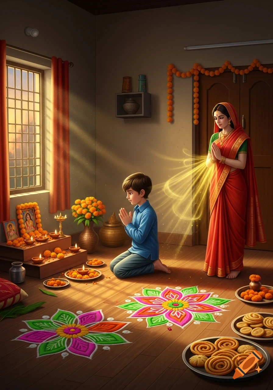 A boy kneels praying before a Diwali altar, while a woman in a red sari stands beside him with glowing hands, in a decorated home.