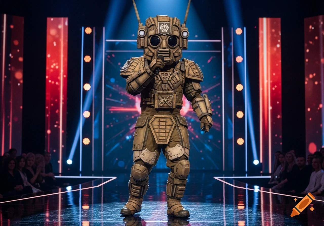A person in an elaborate, tan-colored robot-like costume with large goggles and antenna stands on a brightly lit stage, holding a microphone.