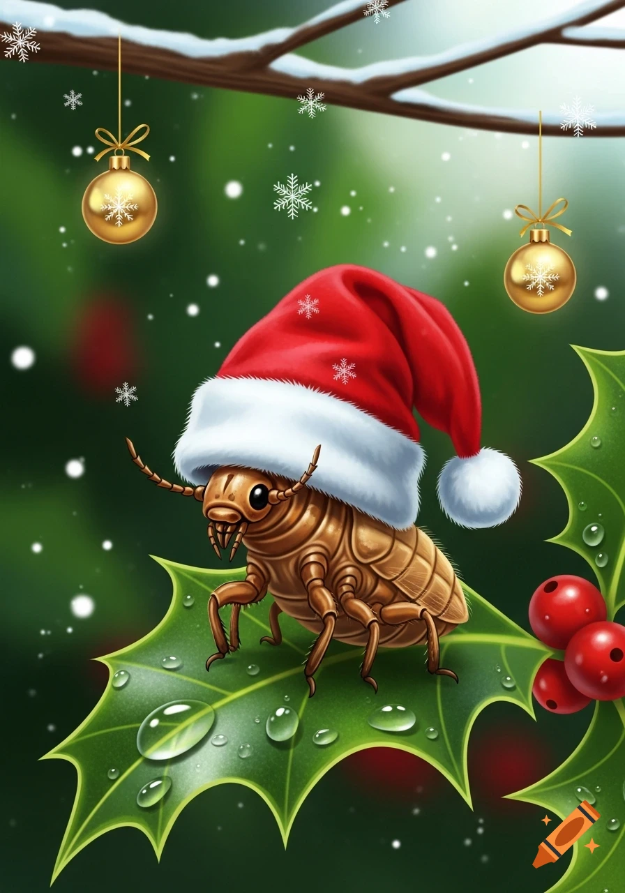 A brown insect in a Santa hat on a holly leaf with water drops, golden Christmas ornaments, and snowflakes.