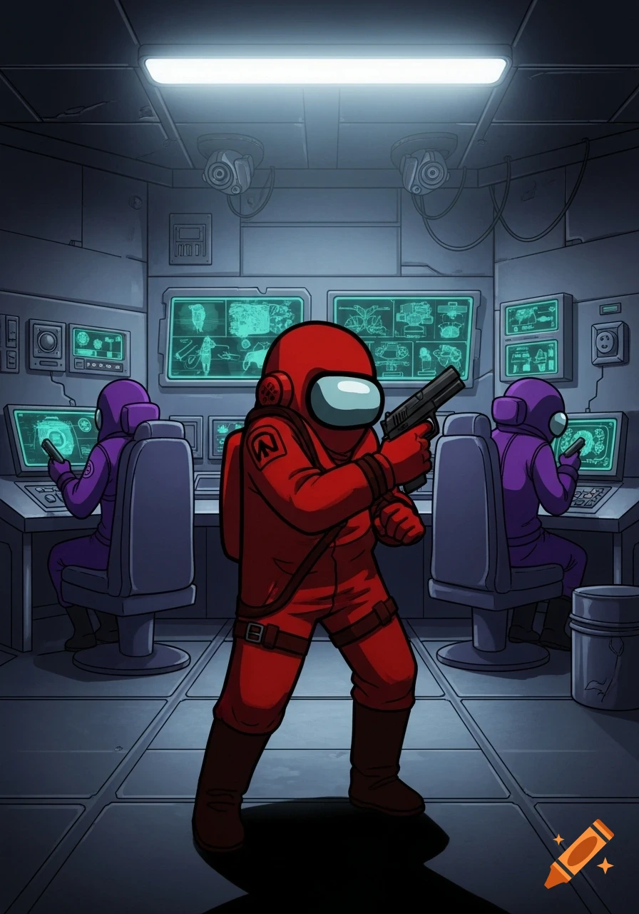 A red Among Us character holds a pistol while two purple crewmates sit at computer terminals in a spaceship control room.