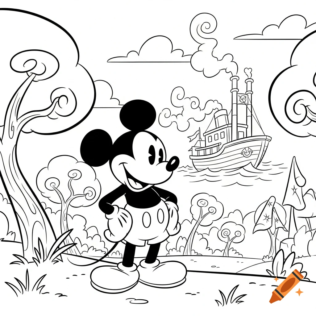 Mickey Mouse stands by a river with a steamboat, trees, and clouds in a black and white coloring page style.