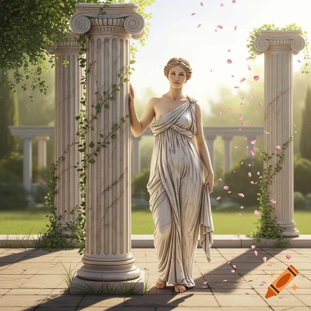 A woman in a white classical gown stands by an ivy-covered Roman pillar in a sunny garden with falling rose petals.
