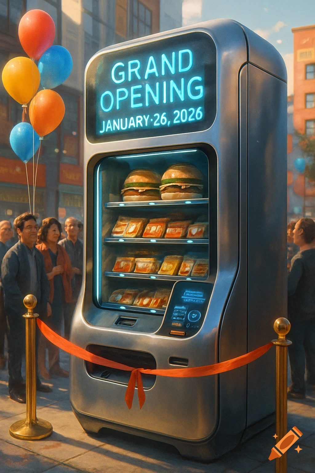 A futuristic food vending machine with a grand opening sign for January 26, 2026, balloons, and people gathered on a city street.