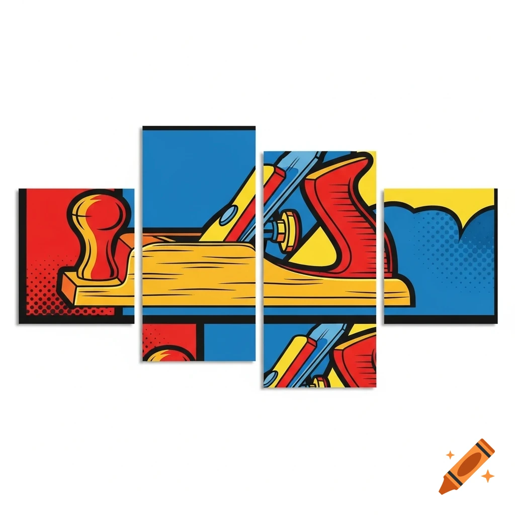 A colorful pop-art illustration of a woodworking hand plane, split across four panels.