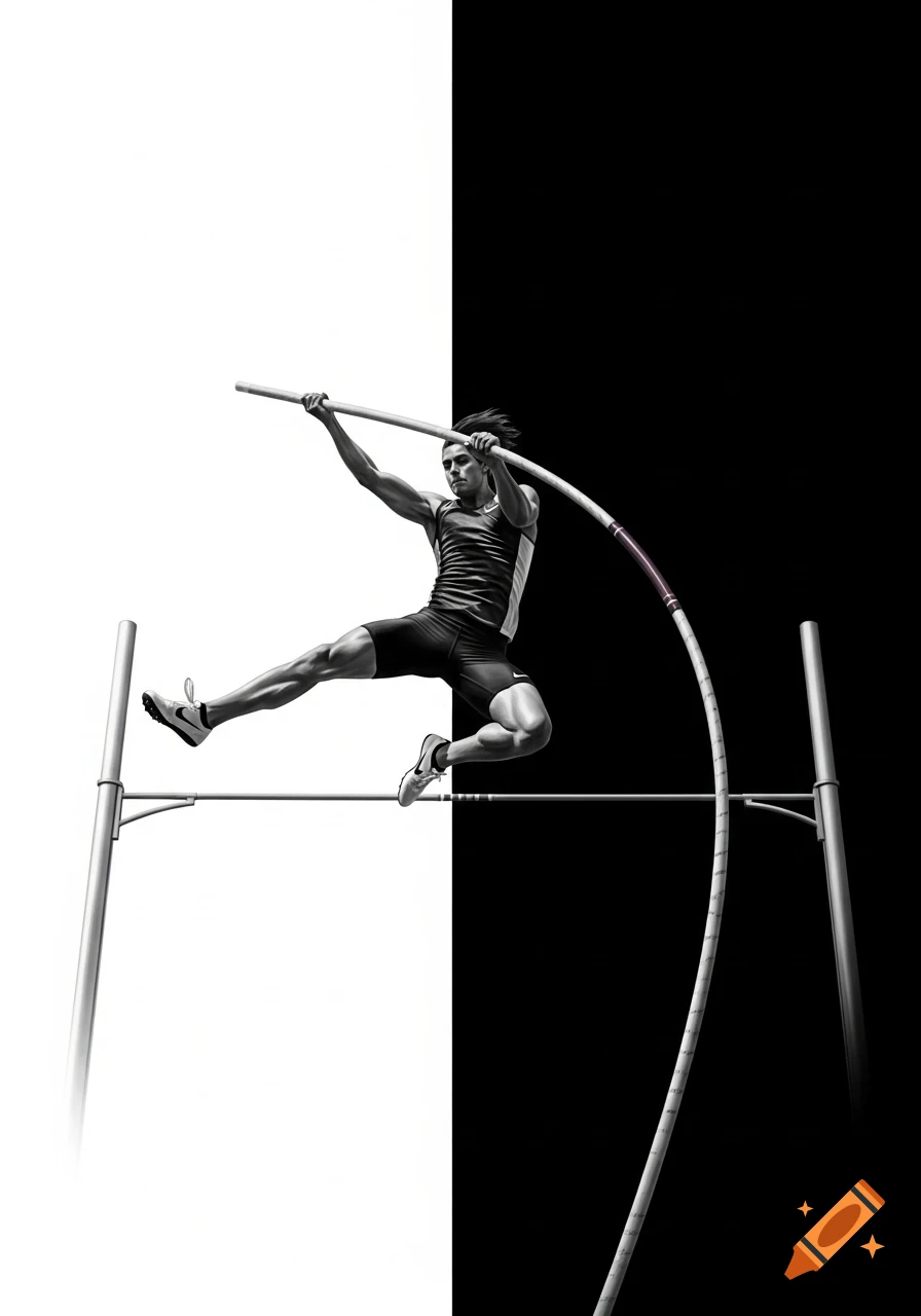Black and white image of a male pole vaulter mid-jump over a high bar, against a split background of white and black.