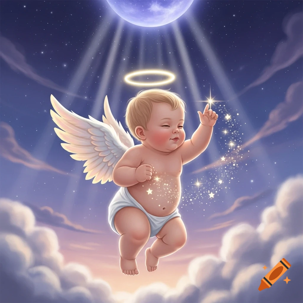 Cute baby angel with a halo and wings, wearing a diaper, flying in a starry, moonlit sky among clouds.