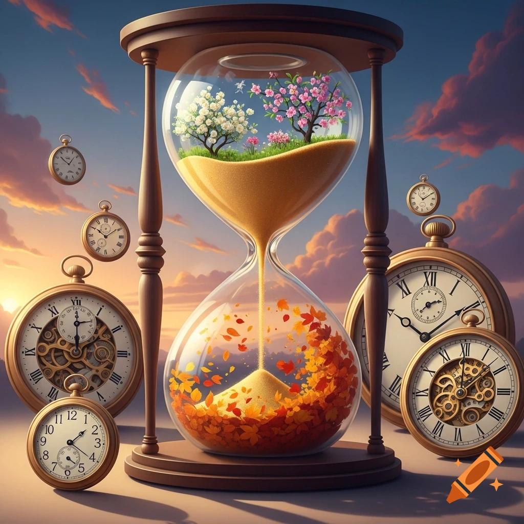 A conceptual image of time, featuring an hourglass with spring trees and autumn leaves, surrounded by pocket watches at sunset.