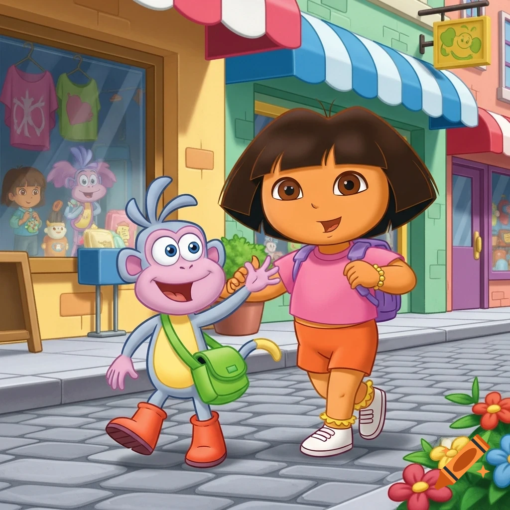Dora the Explorer and Boots the monkey walk hand-in-hand down a colorful street past shops in an animated style.