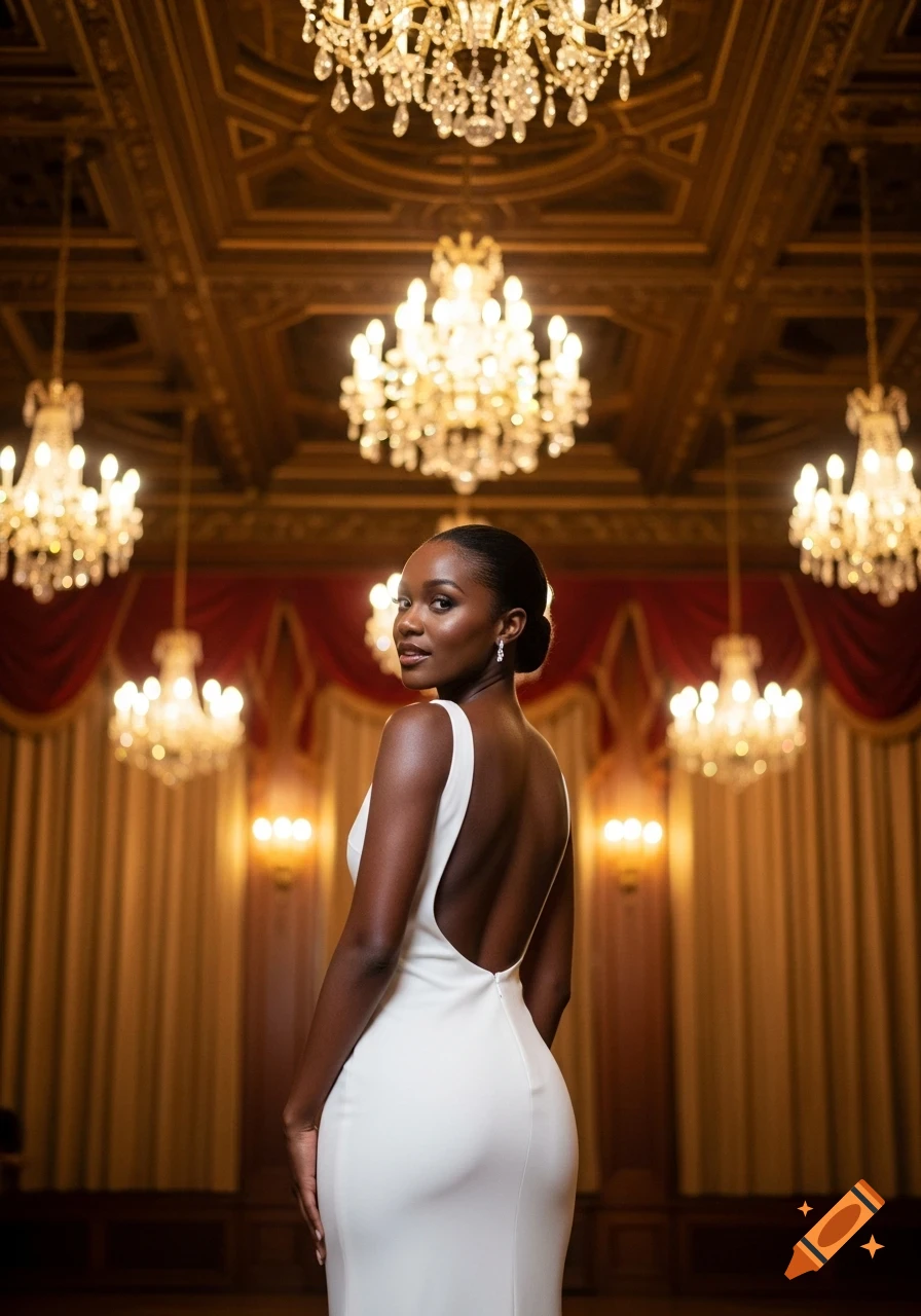 A smiling Black woman in a white backless gown looks over her shoulder in a grand ballroom with many chandeliers.