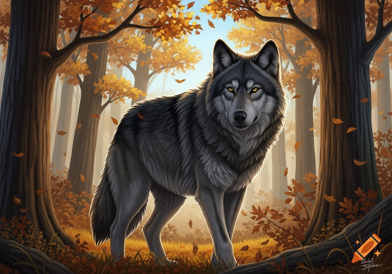A majestic gray wolf stands centered in a vibrant autumn forest, looking forward with bright yellow eyes, in a digital painting style.
