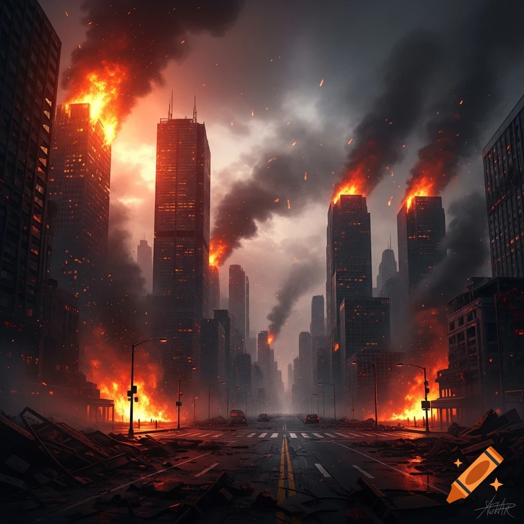 A devastated city street at night, with multiple skyscrapers engulfed in flames and thick smoke billowing into a dark sky, debris scattered on the road.